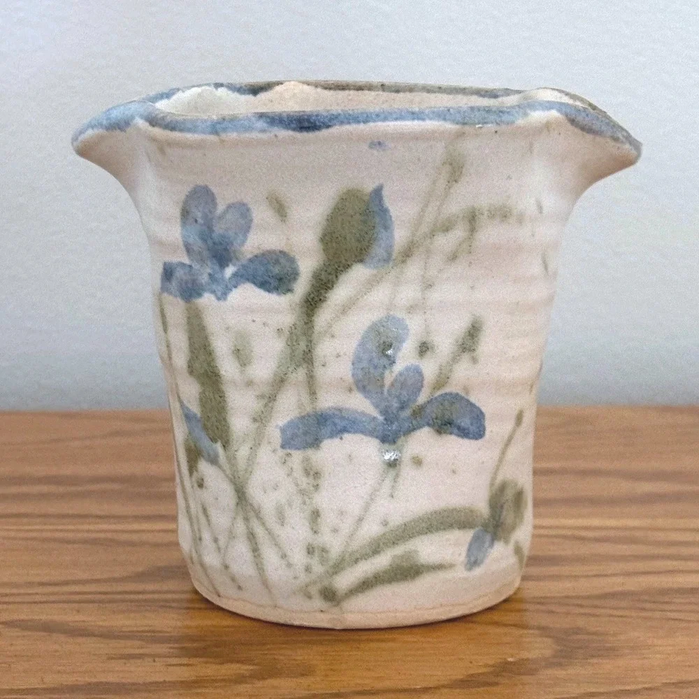 Studio Pottery Hand Thrown Floral Vase Blue Iris Stoneware Wavy Rim Cream
